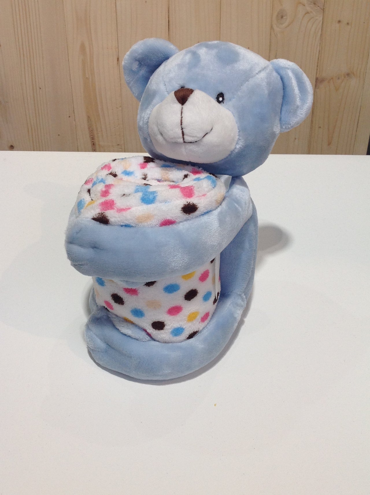 Blue teddy bear with blanket